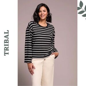 Tribal Black Cream Stripe Knit Top Medium NWT